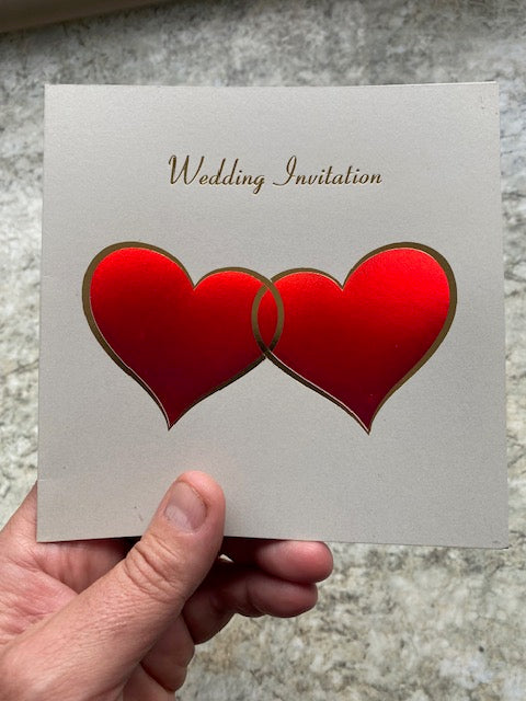 Wedding Invites- Entwined Red Metallic Hearts with gold foil trim and text