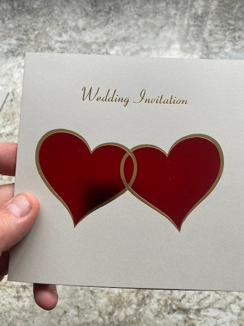 Wedding Invites- Entwined Red Metallic Hearts with gold foil trim and text
