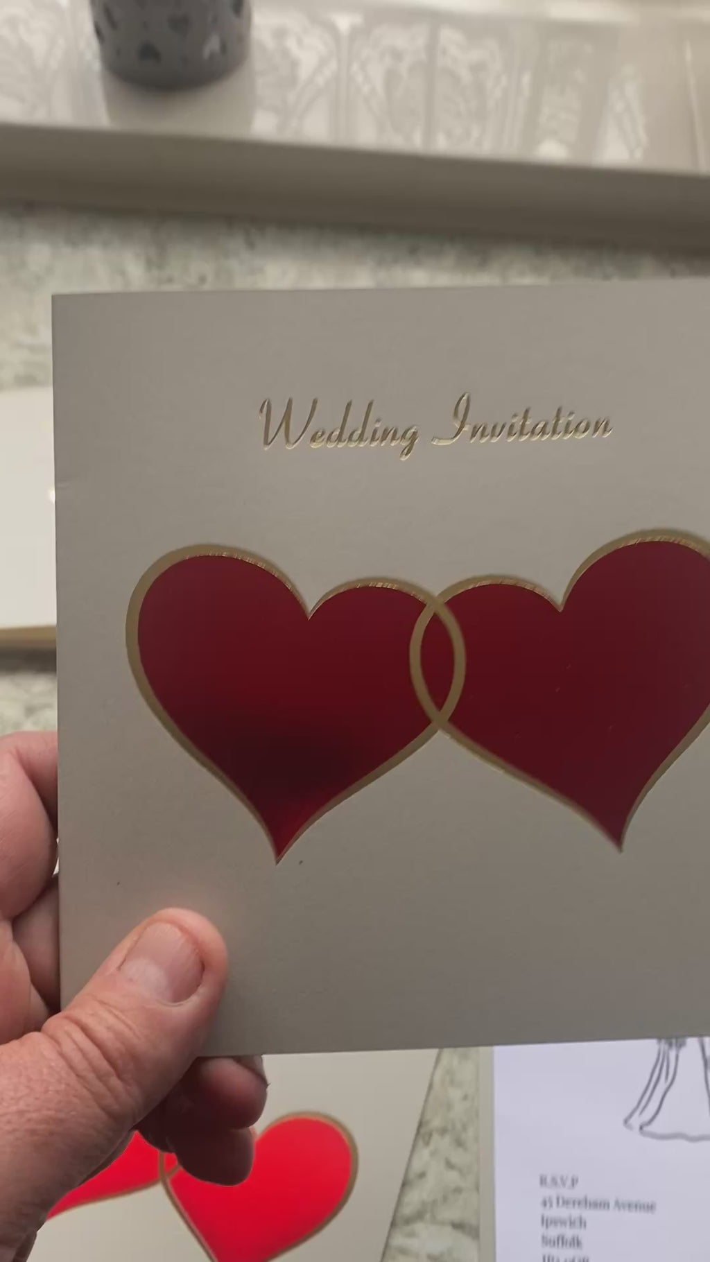 Wedding Invites- Entwined Red Metallic Hearts with gold foil trim and text