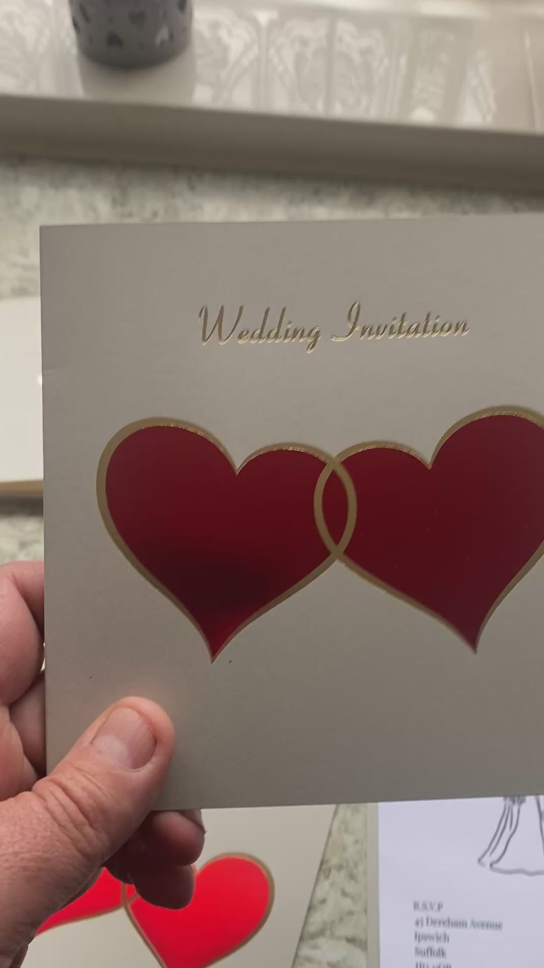 Wedding Invites- Entwined Red Metallic Hearts with gold foil trim and text